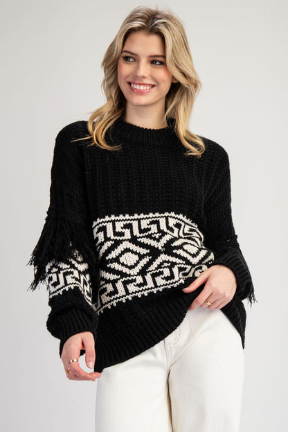 Aztec Printed Fringe Sweater - Wild Azalea Boutique
