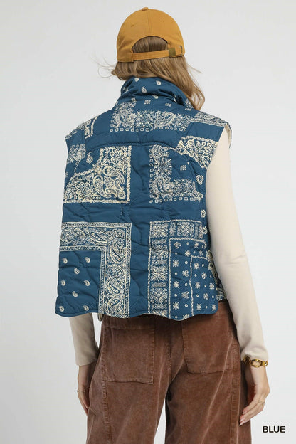 Bandana Print Quilted Puffer Vest - Wild Azalea Boutique