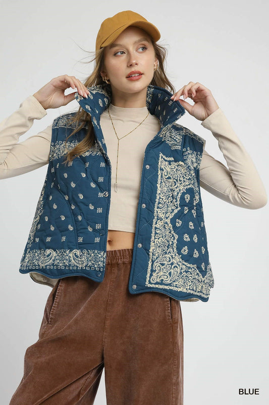 Bandana Print Quilted Puffer Vest - Wild Azalea Boutique