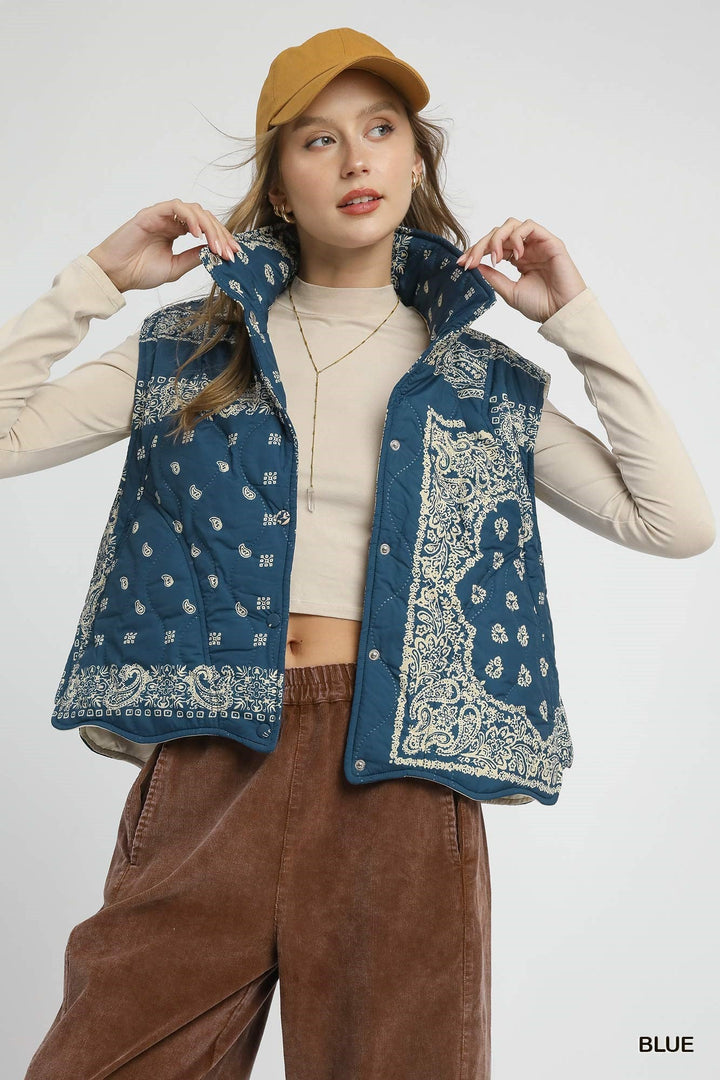 Bandana Print Quilted Puffer Vest - Wild Azalea Boutique
