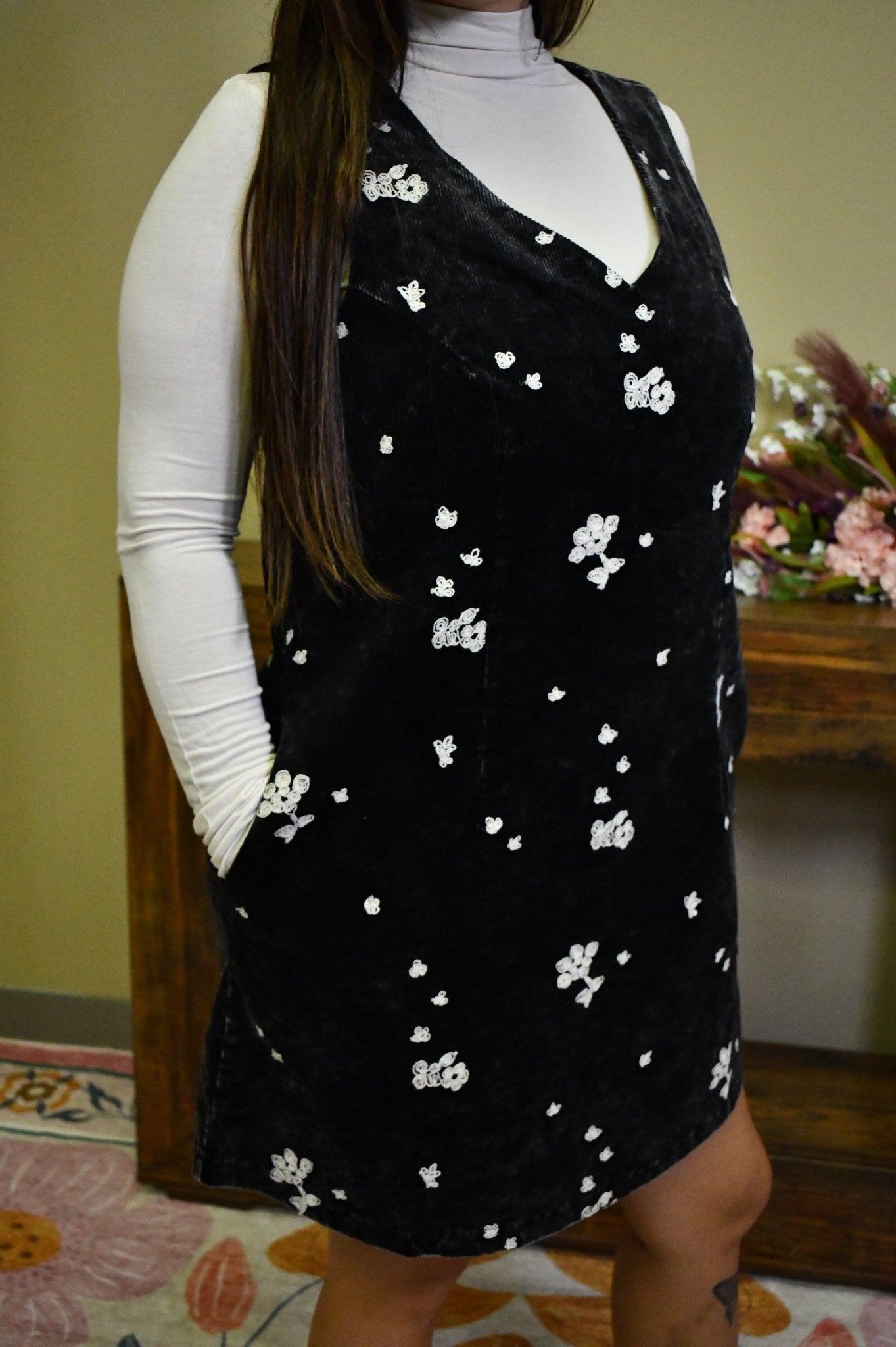 Black Corduroy Floral Jumper Dress - Wild Azalea Boutique
