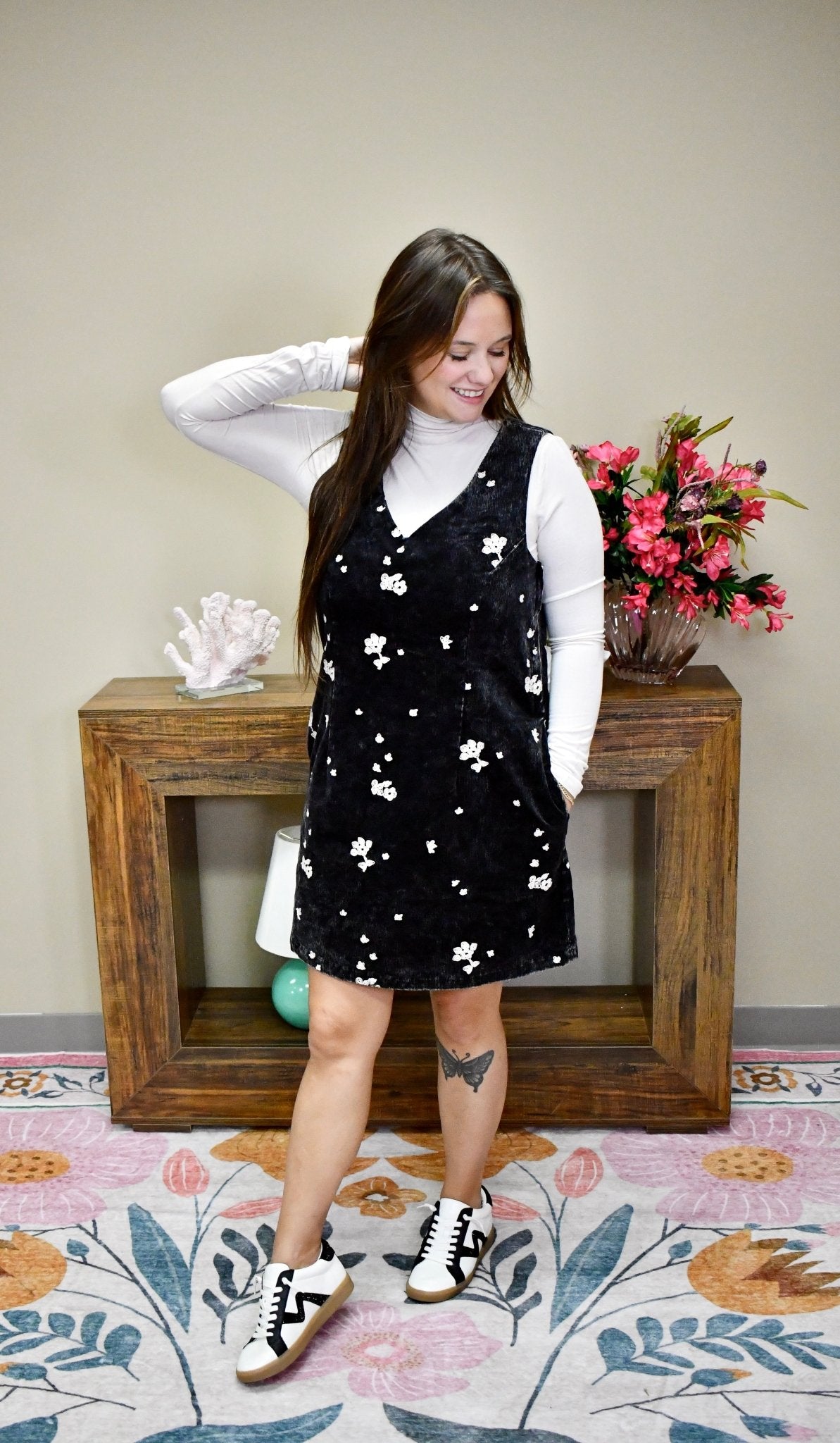 Black Corduroy Floral Jumper Dress - Wild Azalea Boutique