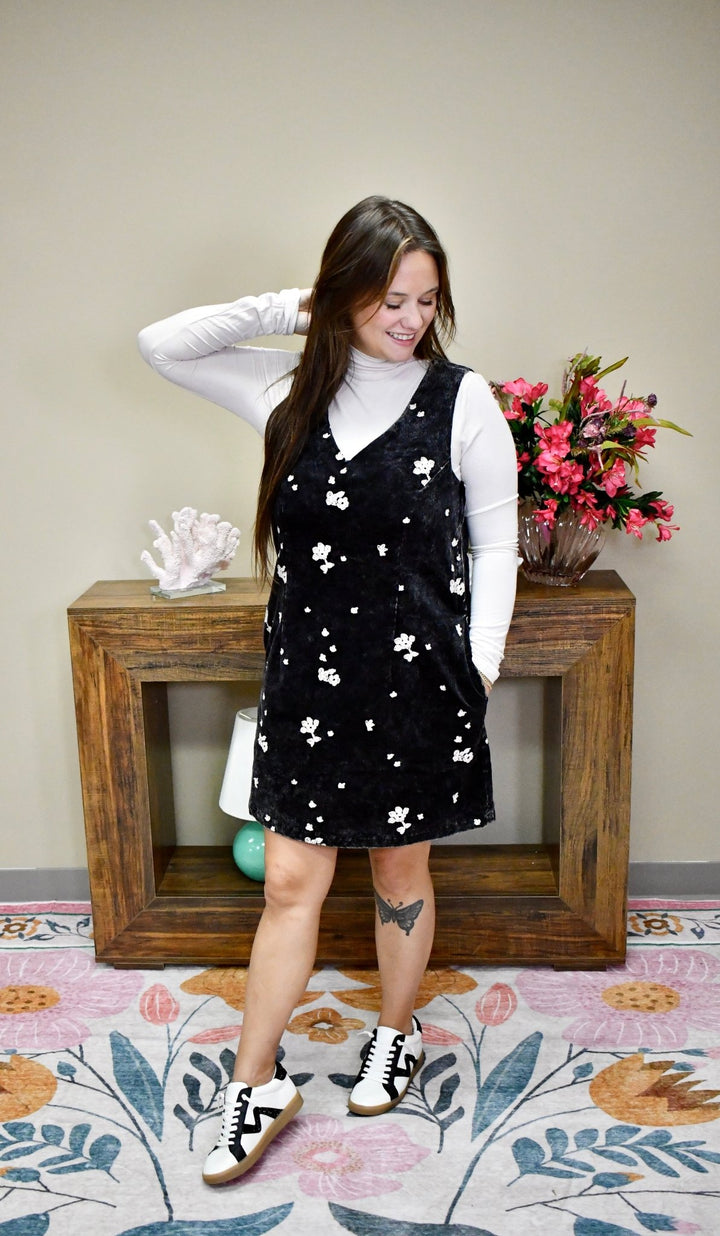 Black Corduroy Floral Jumper Dress - Wild Azalea Boutique