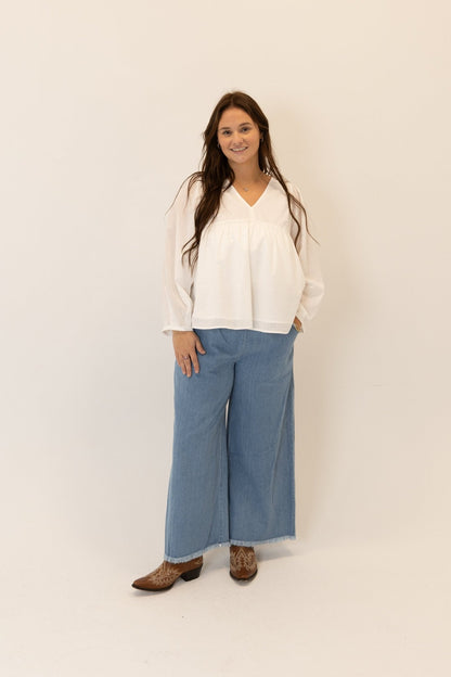 Cotton V - Neck Puff Sleeve Blouse - Wild Azalea Boutique