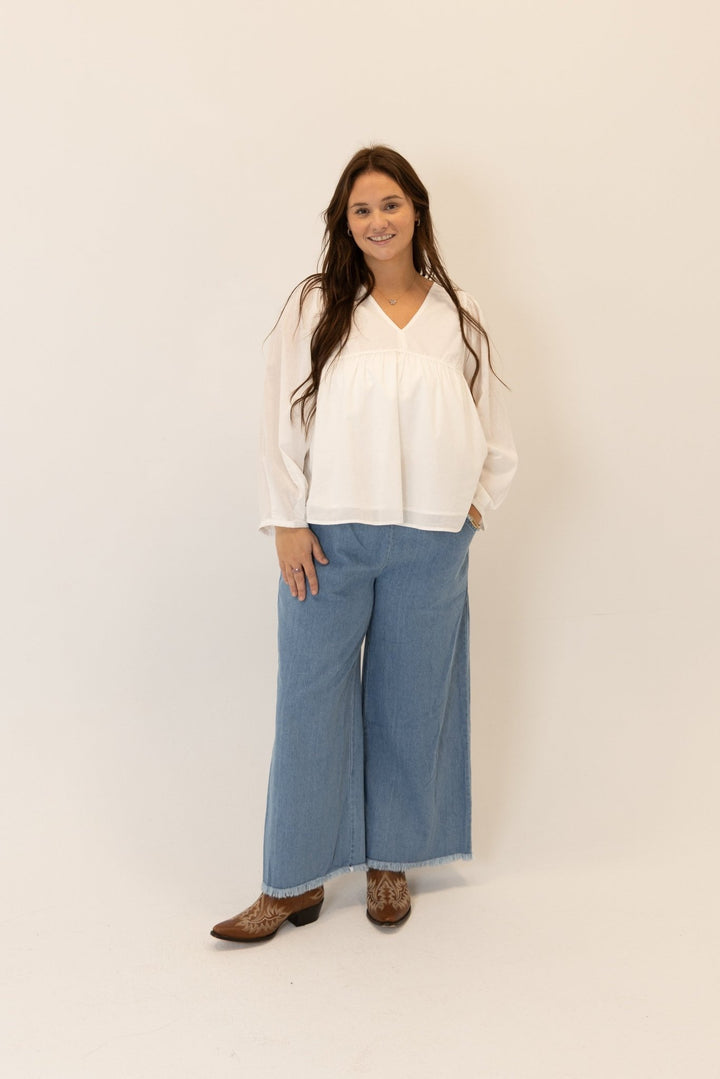Cotton V - Neck Puff Sleeve Blouse - Wild Azalea Boutique
