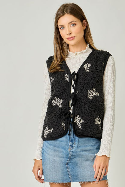 Floral Embroidered Teddy Fur Vest - Wild Azalea Boutique