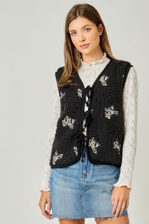 Floral Embroidered Teddy Fur Vest - Wild Azalea Boutique