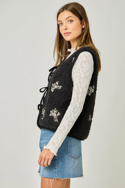 Floral Embroidered Teddy Fur Vest - Wild Azalea Boutique