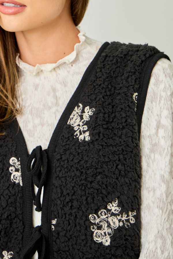 Floral Embroidered Teddy Fur Vest - Wild Azalea Boutique