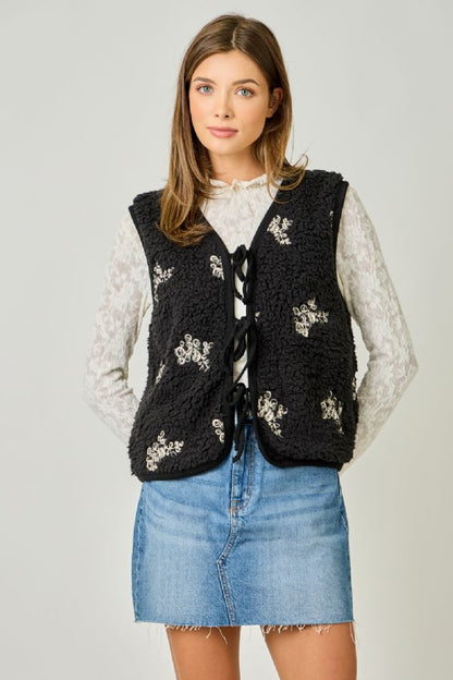 Floral Embroidered Teddy Fur Vest - Wild Azalea Boutique