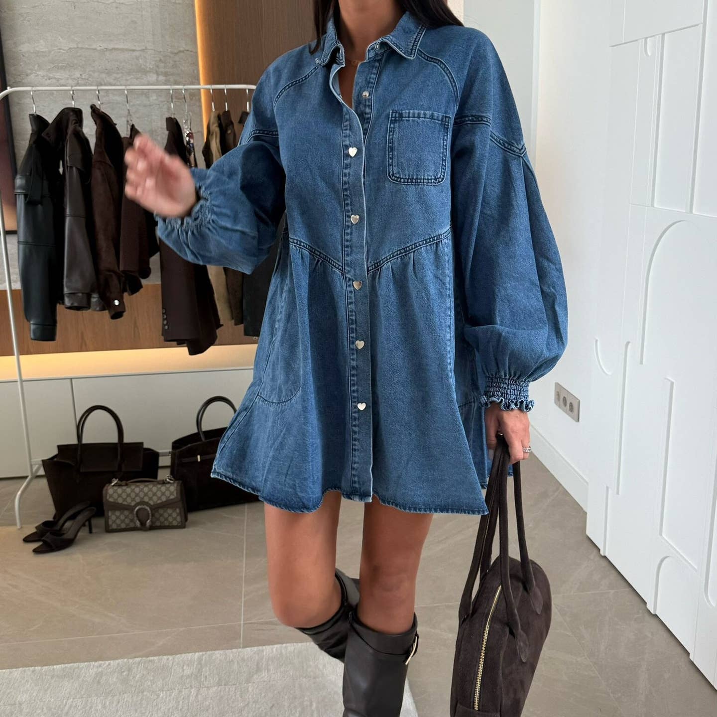 Heart Button Denim Dress - Wild Azalea Boutique