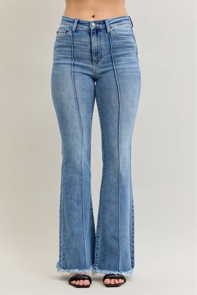 Judy Blue High Waisted Flare Front Pintuck Detail & Fray Hem - Wild Azalea Boutique