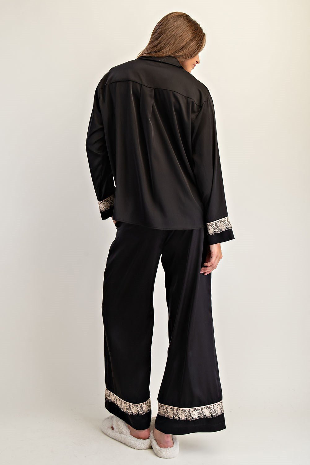 Lace Trim Satin Lounge Set - Wild Azalea Boutique