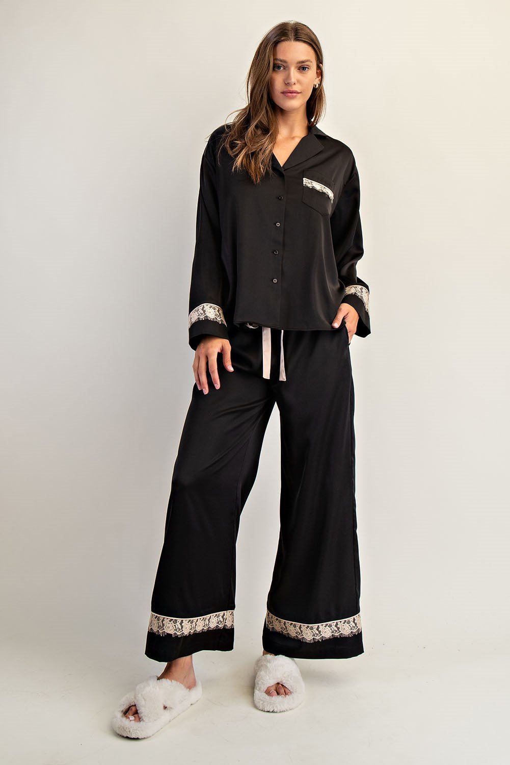 Lace Trim Satin Lounge Set - Wild Azalea Boutique