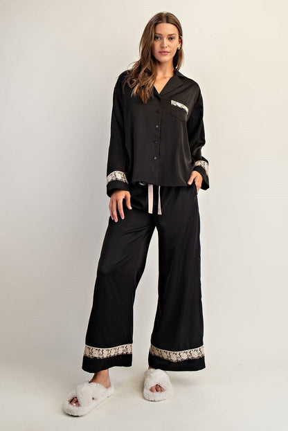 Lace Trim Satin Lounge Set - Wild Azalea Boutique