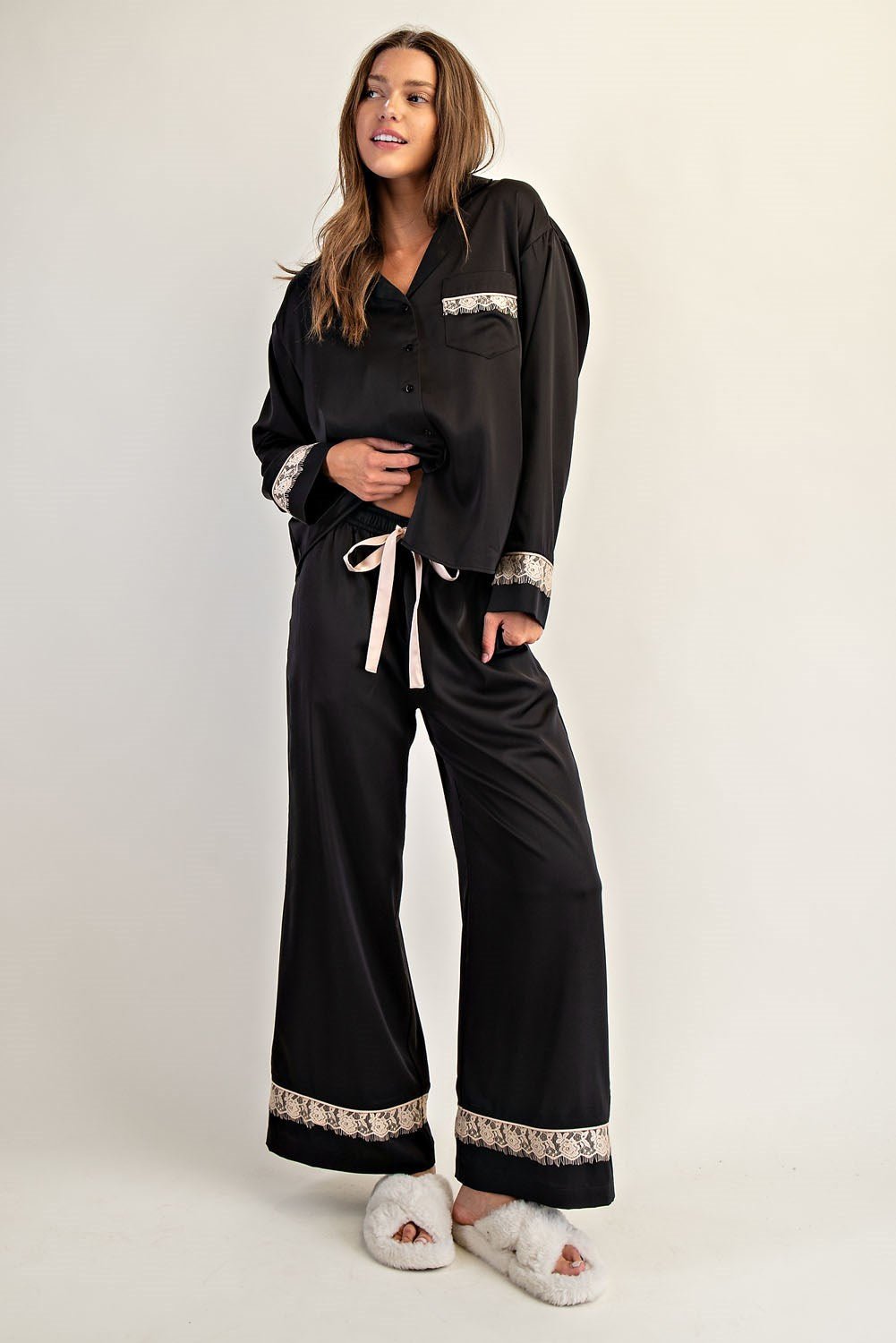 Lace Trim Satin Lounge Set - Wild Azalea Boutique