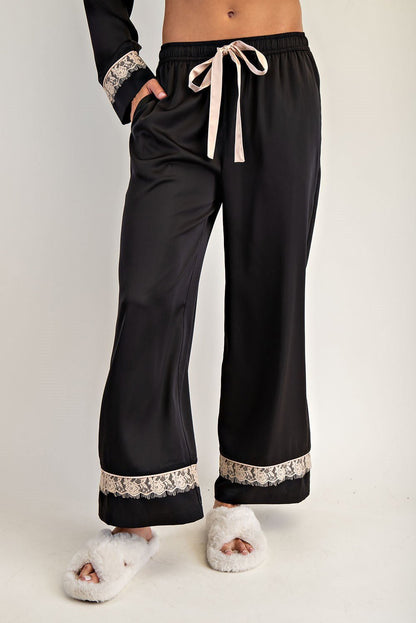 Lace Trim Satin Lounge Set - Wild Azalea Boutique