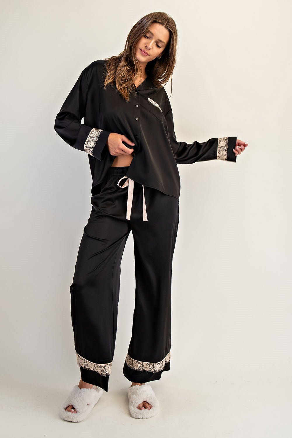 Lace Trim Satin Lounge Set - Wild Azalea Boutique