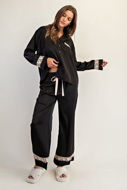 Lace Trim Satin Lounge Set - Wild Azalea Boutique