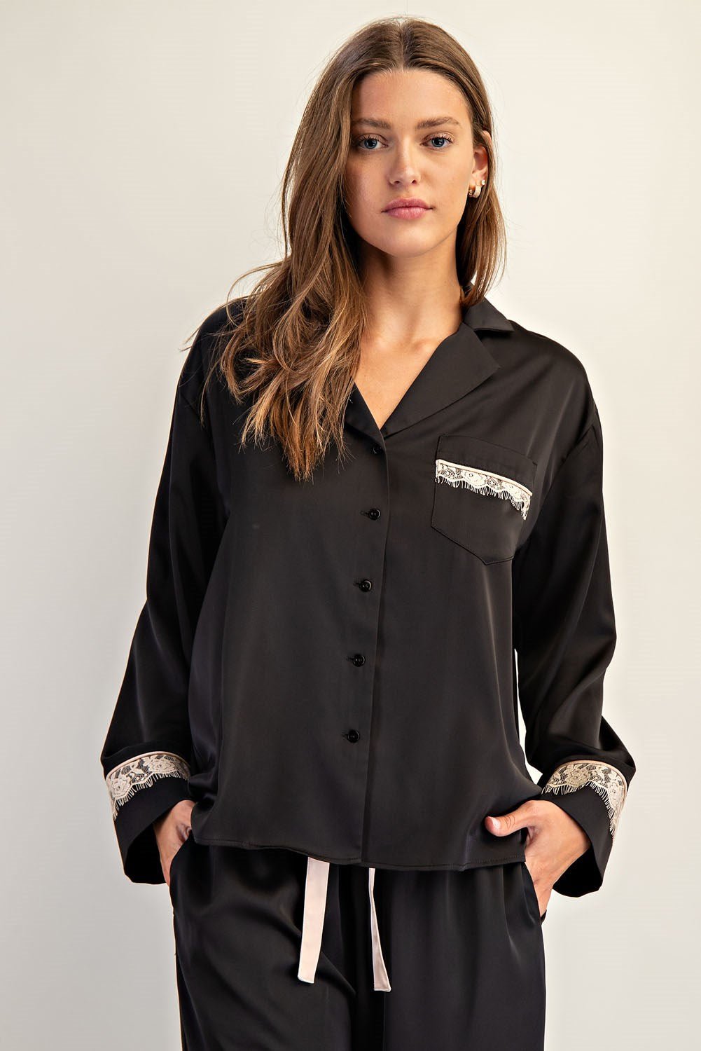 Lace Trim Satin Lounge Set - Wild Azalea Boutique