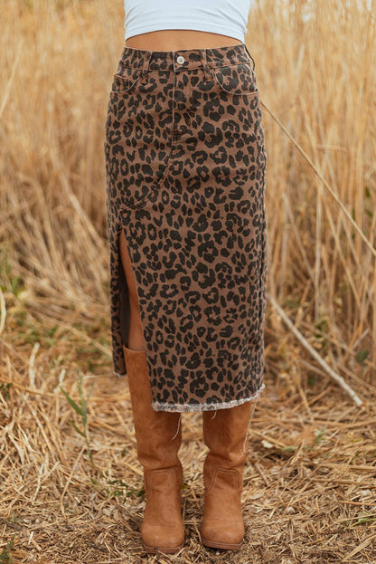 Leopard Denim Frayed Hem Midi Skirt - Wild Azalea Boutique