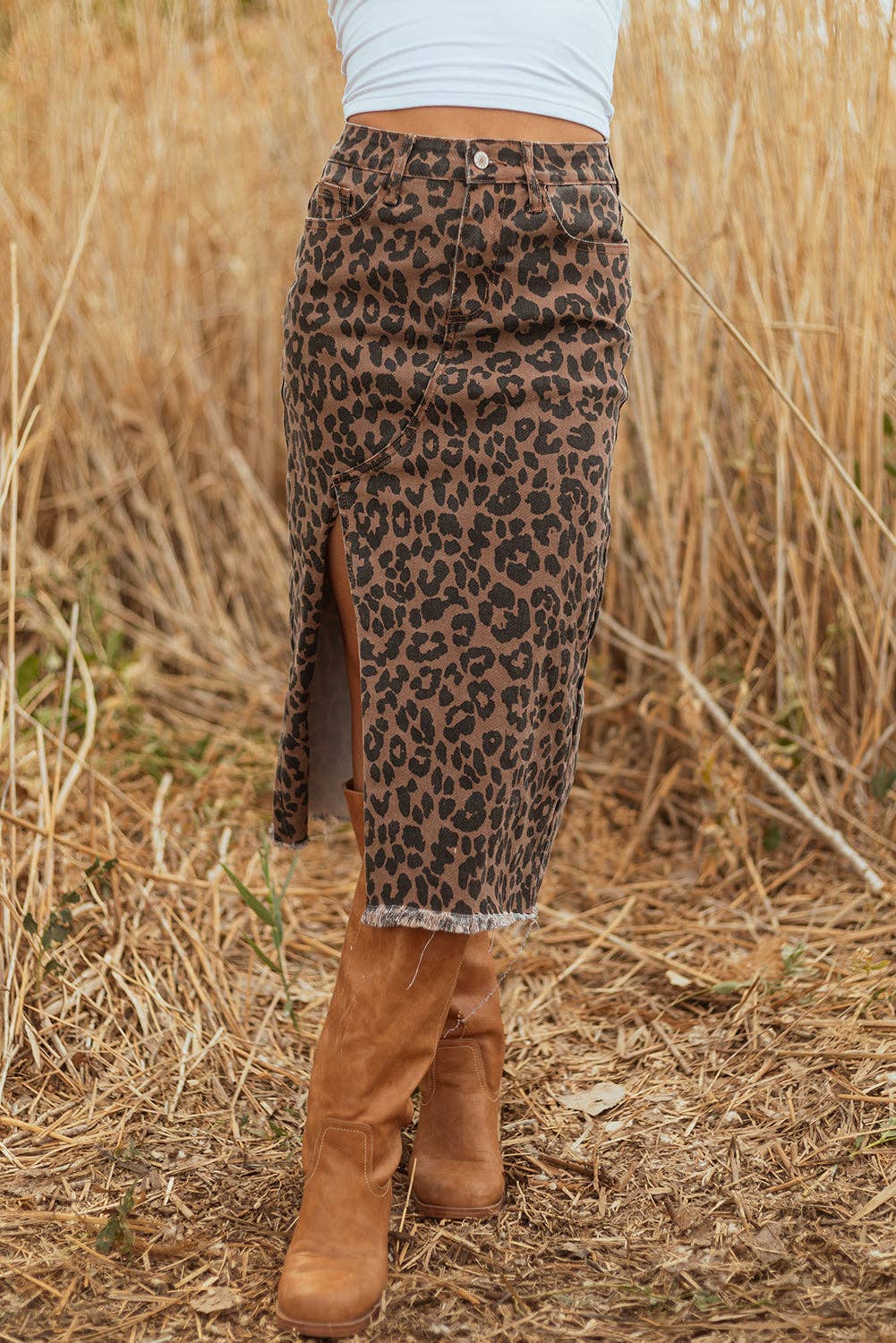Leopard Denim Frayed Hem Midi Skirt - Wild Azalea Boutique