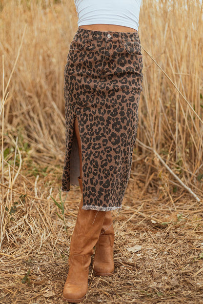 Leopard Denim Frayed Hem Midi Skirt - Wild Azalea Boutique