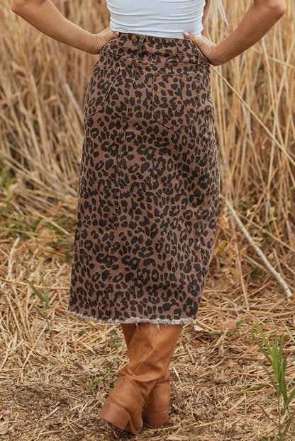 Leopard Denim Frayed Hem Midi Skirt - Wild Azalea Boutique