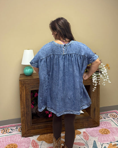 Light Wash Denim Oversized Peplum Top - Wild Azalea Boutique