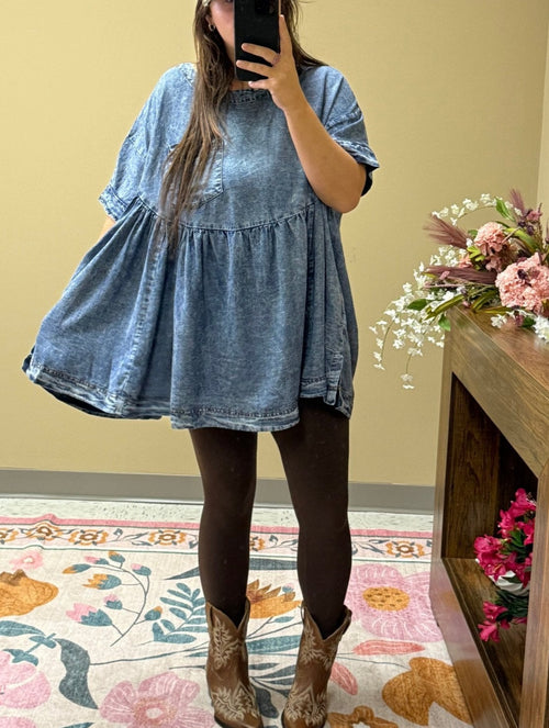 Light Wash Denim Oversized Peplum Top - Wild Azalea Boutique