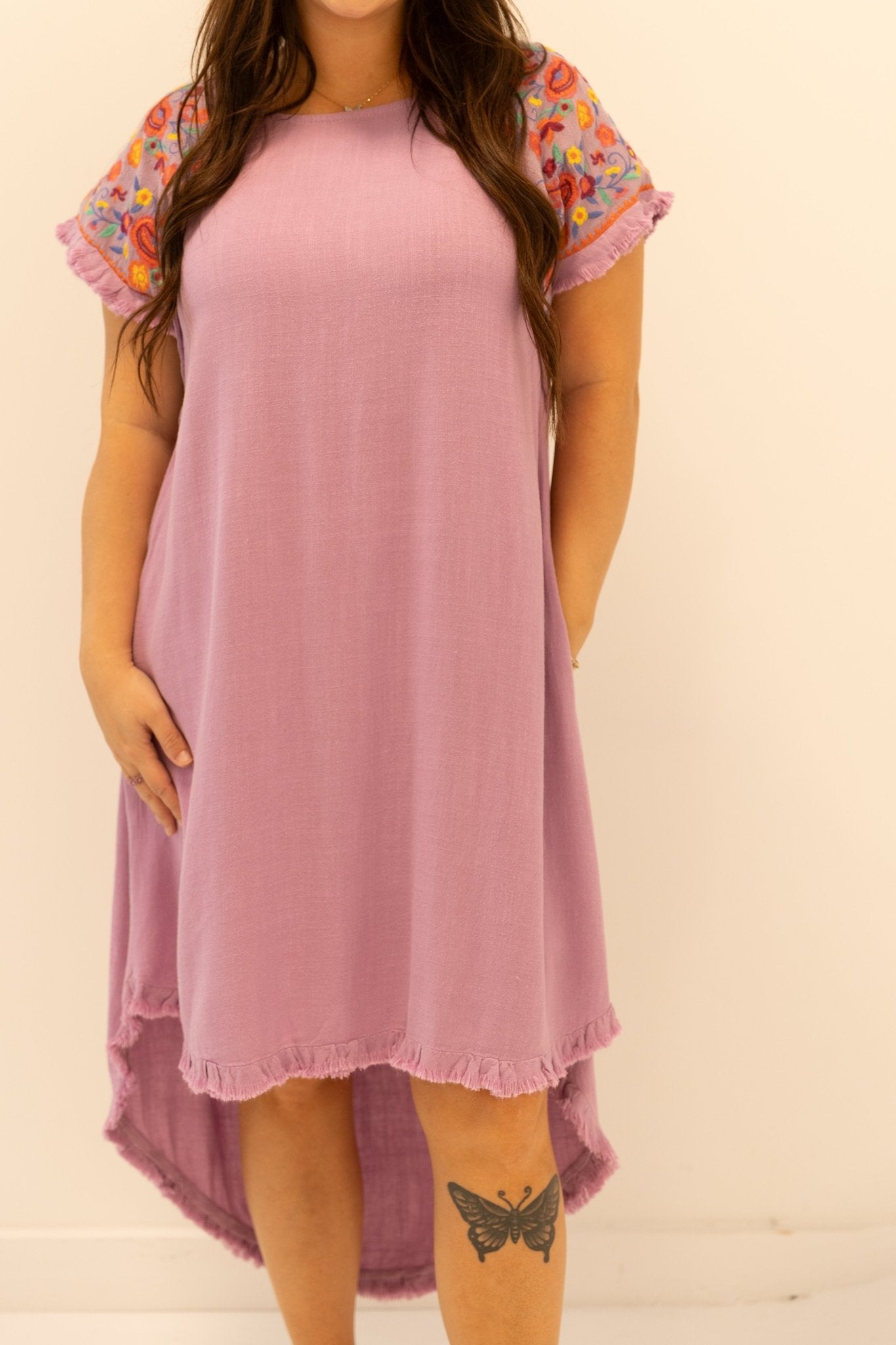 Umgee Linen Floral High Low Dress M / Bubble Gum Umgee Linen Floral High Low Dress M / Bubble Gum