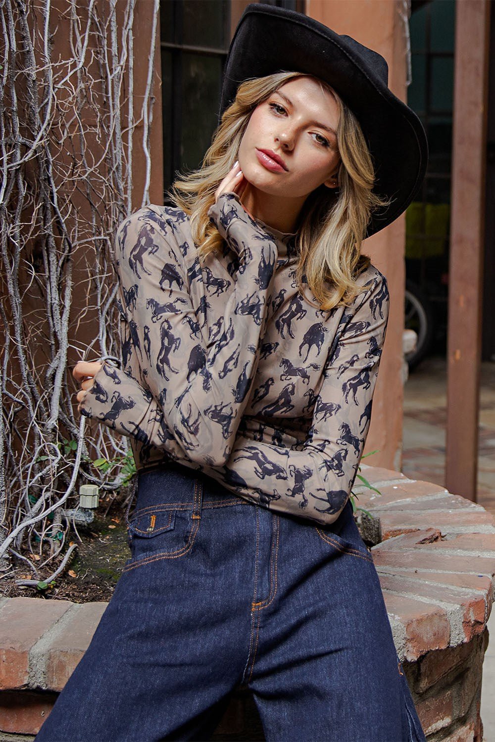 Mesh Western Horse Graphic Mock Neck Top - Wild Azalea Boutique