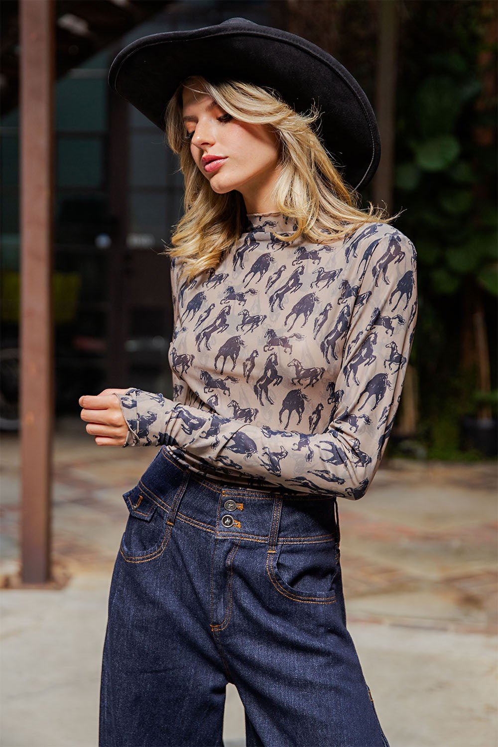 Mesh Western Horse Graphic Mock Neck Top - Wild Azalea Boutique