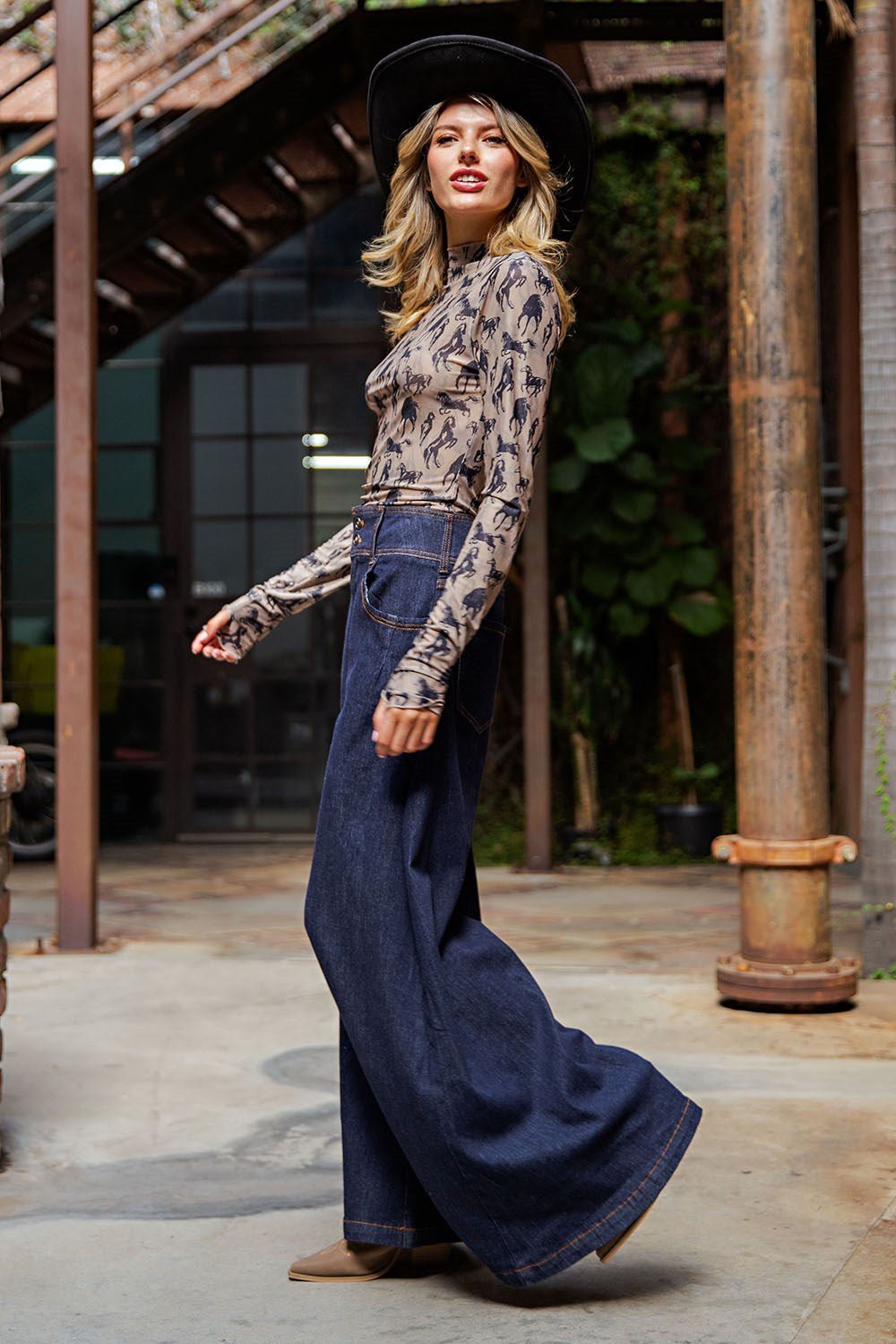 Mesh Western Horse Graphic Mock Neck Top - Wild Azalea Boutique