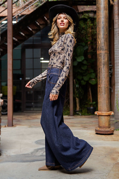 Mesh Western Horse Graphic Mock Neck Top - Wild Azalea Boutique