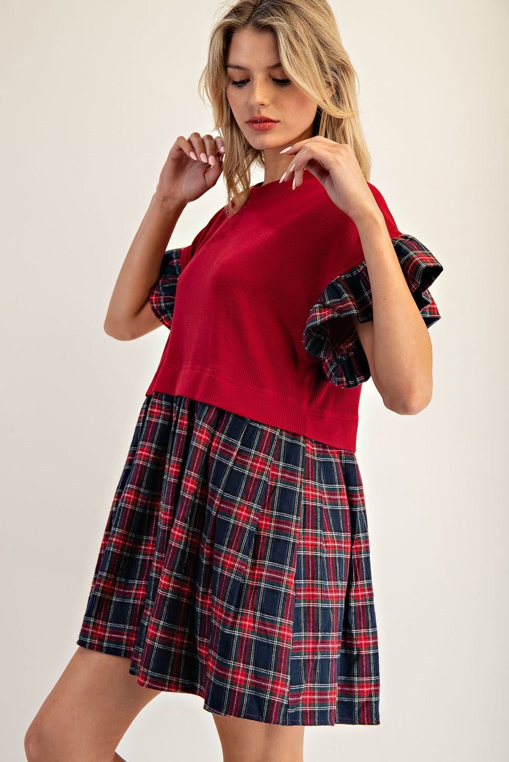 Plaid Ruffle Sleeve Mini Dress - Wild Azalea Boutique
