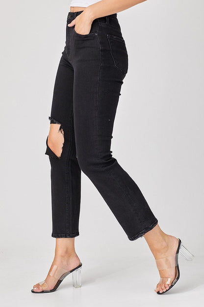 Risen High Rise Straight Leg Ankle Legnth Relaxed Distressed Jeans - Wild Azalea Boutique