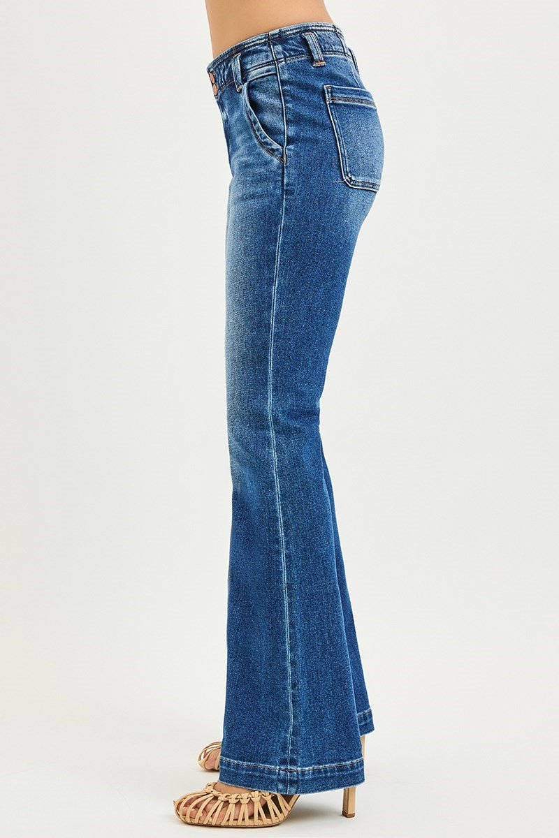 Risen High Waisted Double Button Flare Jeans - Wild Azalea Boutique