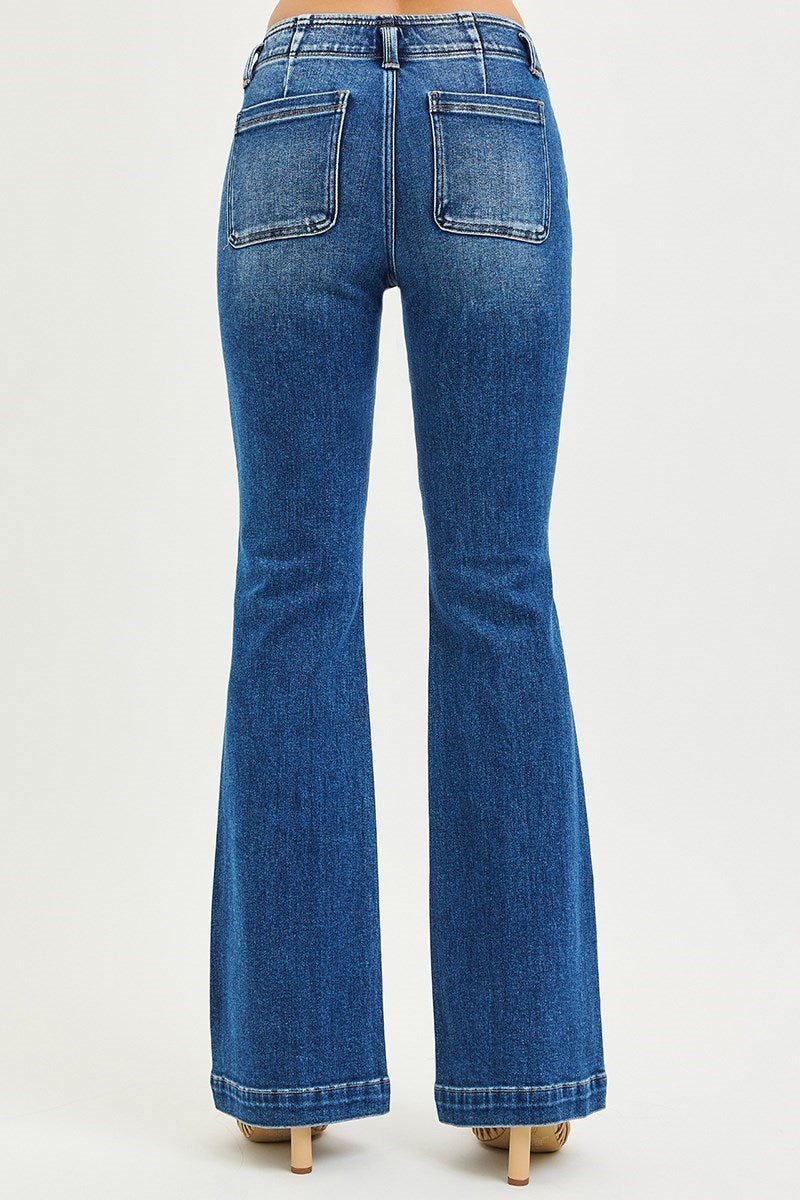 Risen High Waisted Double Button Flare Jeans - Wild Azalea Boutique