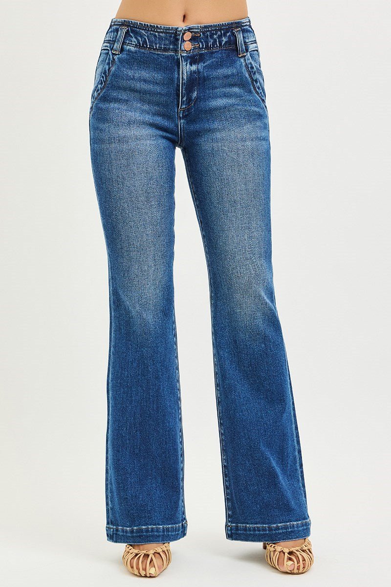 Risen High Waisted Double Button Flare Jeans - Wild Azalea Boutique