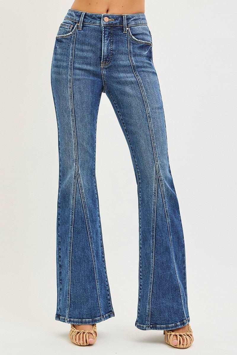 Risen Tummy Control High Waisted Flare Jeans with Front Seam - Wild Azalea Boutique