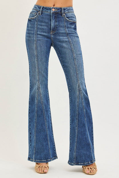 Risen Tummy Control High Waisted Flare Jeans with Front Seam - Wild Azalea Boutique