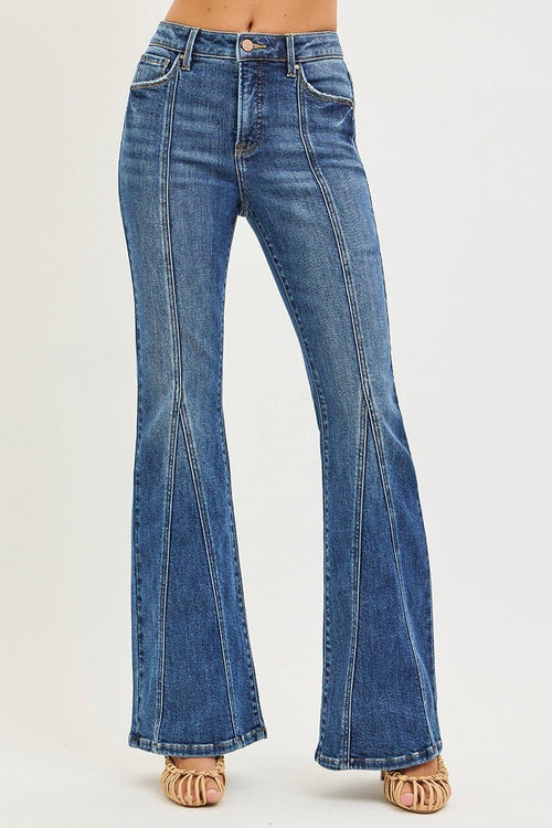 Risen Tummy Control High Waisted Flare Jeans with Front Seam - Wild Azalea Boutique