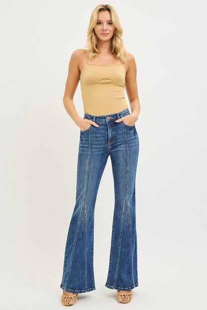 Risen Tummy Control High Waisted Flare Jeans with Front Seam - Wild Azalea Boutique