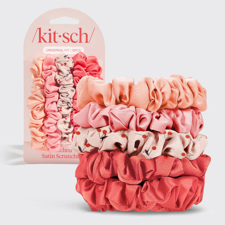 Ruched Satin Scrunchies 5pc Set - Assorted Cherry Blossom - Wild Azalea Boutique