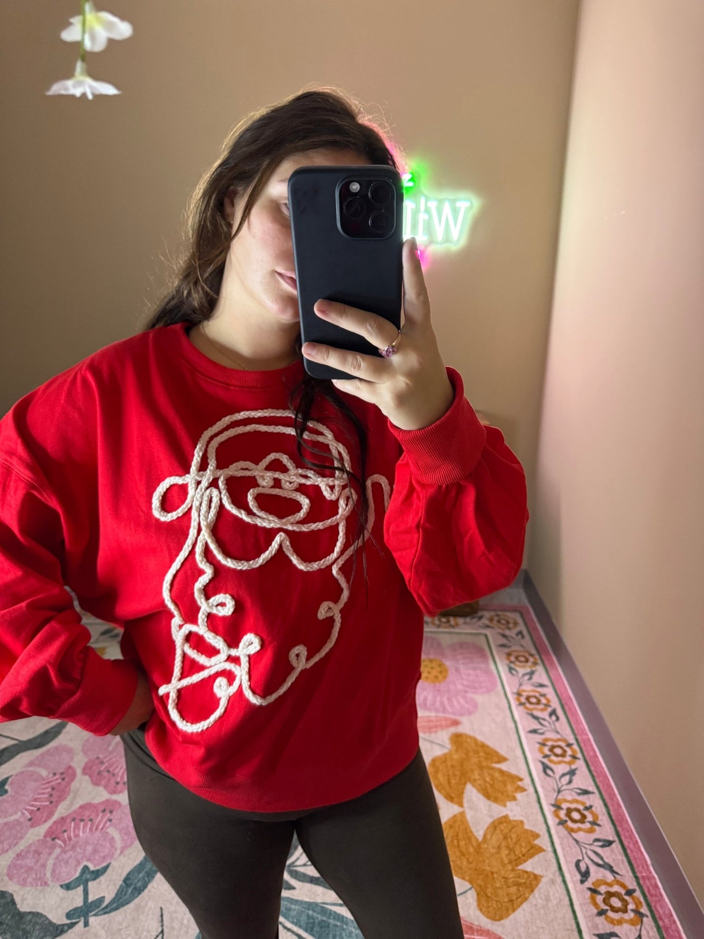 Yarn Embroidered Santa Long Sleeve T-Shirt - Wild Azalea Boutique