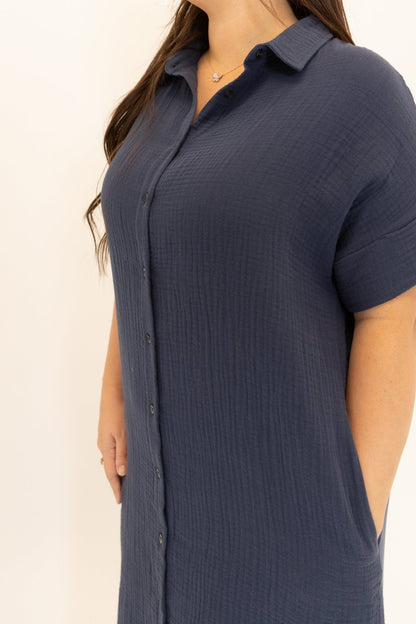 Short Sleeve Cotton Button - Up Midi Dress - Wild Azalea Boutique