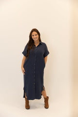 Short Sleeve Cotton Button-Up Midi Dress