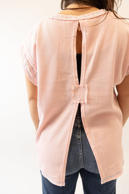 Short Sleeve Waffle Knit Top with Split - Back Accent - Wild Azalea Boutique