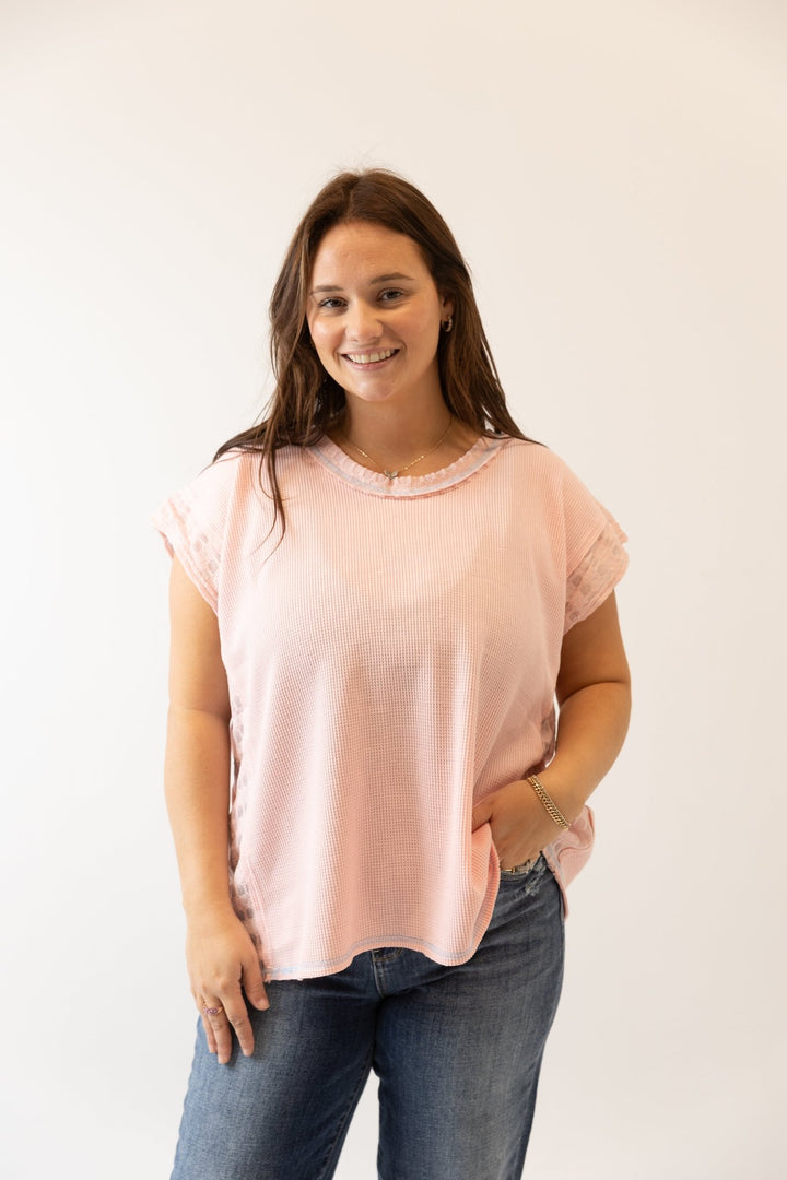 Short Sleeve Waffle Knit Top with Split - Back Accent - Wild Azalea Boutique